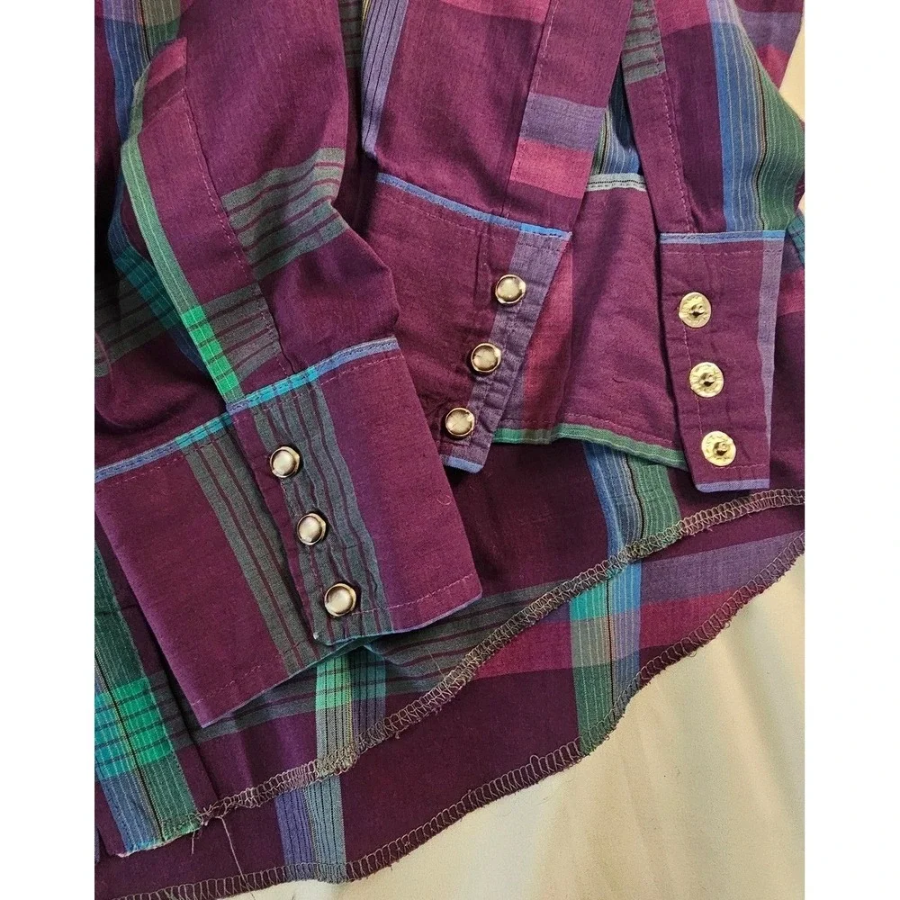 Wrangler Cowboy Cut Mens‎ Purple Plaid Pearl Snap Western Shirt X-Long Tails